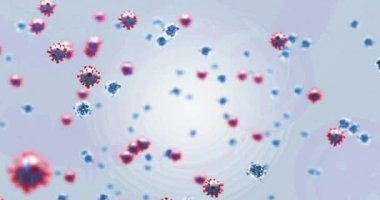 Beyaz arka planda virüs hücrelerinin canlandırılması. Dijital olarak oluşturulmuş küresel salgın ve dijital arayüz kavramı.