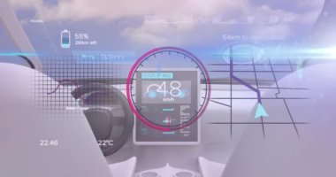 Arabanın içi ve gökyüzü üzerindeki bulutlu araba arayüzü animasyonu. Küresel teknoloji, bilgisayar ve dijital arayüz kavramı dijital olarak oluşturulmuş video.