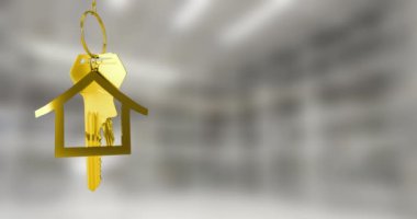 Arka planı bulanık olan anahtarlık animasyonu. Ev ve dijital arayüz konsepti dijital olarak oluşturuluyor.