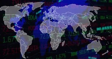 Dünya haritası üzerinde veri işleme animasyonu. küresel iş ve dijital arayüz kavramı dijital olarak oluşturulmuş video.