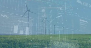 Rüzgar türbinleri üzerinde finansal veri işleme animasyonu. Küresel teknoloji, finans ve dijital arayüz kavramı dijital olarak oluşturulmuş video.
