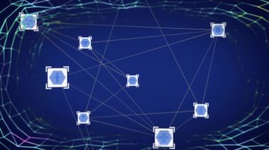 Animation of network of connections with icons on blue background. Global technology, connections and digital interface concept digitally generated video.