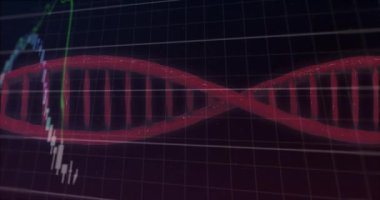 DNA ipliği üzerinde veri işleme animasyonu. küresel iş ve dijital arayüz kavramı dijital olarak oluşturulmuş video.