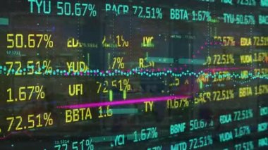 Grafik animasyonu, veri işleme ve kumar makinesi üzerinde borsa. Küresel teknoloji, bilgisayar ve dijital arayüz kavramı dijital olarak oluşturulmuş video.