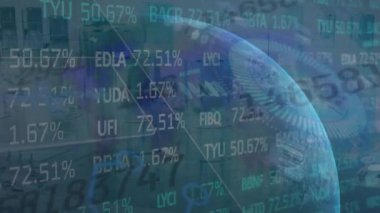 Dünya çapında ışık yolları, veri işleme ve tarama alanlarıyla borsanın animasyonu. Teknoloji, bilgisayar ve dijital arayüz kavramı dijital olarak oluşturuldu.