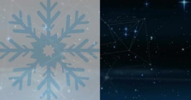 Siyah zemin üzerinde kar taneleri olan bağlantı ağının ve ışık noktalarının animasyonu. Soyut arkaplan, ışık ve hareket kavramı dijital olarak oluşturulmuş video.