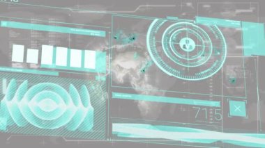 Gri arka planda veri işleme animasyonu. küresel iş ve dijital arayüz kavramı dijital olarak oluşturulmuş video.