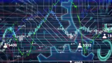 Finansal veri işleme ve sosyal medya simgelerinin animasyonu. Küresel teknoloji, finans ve dijital arayüz kavramı dijital olarak oluşturulmuş video.