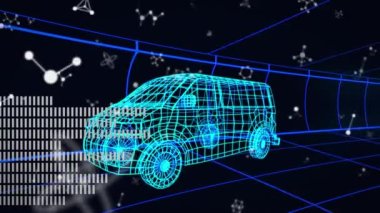 Siyah zemin üzerindeki moleküller ve çizgiler üzerinden dijital minibüs modelinin animasyonu. Küresel teknoloji, ulaşım ve dijital arayüz kavramı dijital olarak oluşturulmuş video.