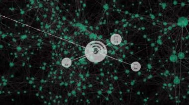 Siyah arkaplandaki simgelerle bağlantı ağının animasyonu. küresel bağlantılar, bilgisayar ve dijital arayüz konsepti dijital olarak oluşturulmuş video.