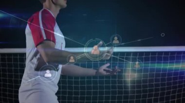 Stadyumdaki beyaz erkek futbolcuların ikonlarla olan bağlantılarının animasyonu. Dijital olarak oluşturulmuş küresel bağlantılar, spor ve dijital arayüz kavramı.