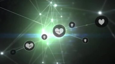 Siyah arkaplandaki simgeler ve ışık noktalarıyla bağlantı ağının animasyonu. Dijital olarak oluşturulmuş küresel bağlantılar, bilgisayar ve dijital arayüz kavramı.