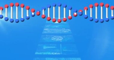 Tıbbi veri işleme üzerinde dönen DNA ipliklerinin animasyonu. Dijital olarak üretilen çoklu hücre ve araştırma konsepti.