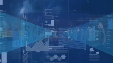 Mavi arkaplanda veri işleme animasyonu. küresel teknoloji, bilgisayar ve dijital arayüz kavramı dijital olarak oluşturulmuş video.