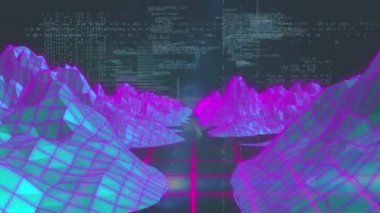 Siyah zemin üzerinde dijital dağların üzerinde veri işleme animasyonu. Küresel teknoloji, bilgisayar ve dijital arayüz kavramı dijital olarak oluşturulmuş video.
