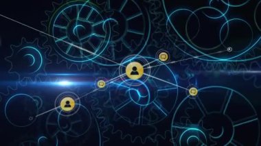Siyah arkaplandaki dişlilerin üzerindeki simgelerle bağlantı ağının animasyonu. Küresel teknoloji, bağlantılar ve dijital arayüz konsepti dijital olarak oluşturulmuş video.