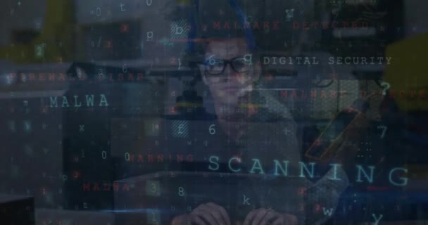 Animação Aviso Ataque Cibernético Processamento Dados Sobre Hacker Caucasiano Tecnologia — Vídeo de Stock
