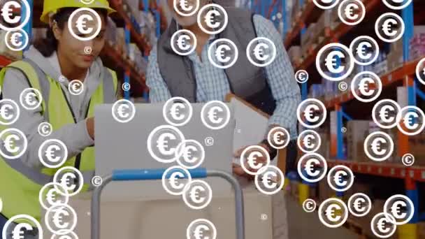 창고에서 일하는 노동자들에 애니메이션 글로벌 비즈니스 디지털 인터페이스 디지털 비디오 — 비디오