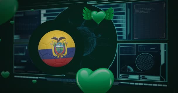 Animacja Piłki Flagą Ekwadoru Nad Ikonami Serca Przetwarzanie Danych Globalna — Wideo stockowe