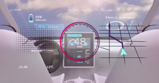 Animatie Van Het Autopaneel Boven Auto Wolken Global Business Digitale — Stockvideo