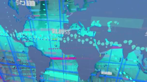 Animación Del Procesamiento Datos Financieros Través Del Mapa Mundial Sobre — Vídeo de stock