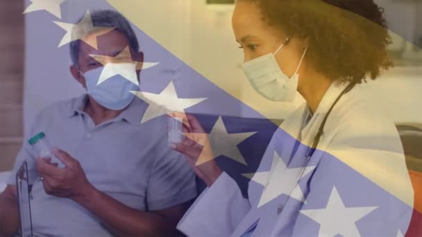 Animation Flag Bosnia Herzegovina Diverse Doctor Patient Wearing Face Mask — Stock Video
