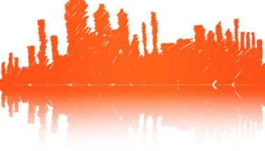 Digitally generated image of orange city skyline against white background