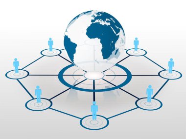 Human figures surrounding earth graphic on white background