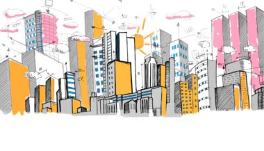 Digitally generated image of city skyline against sky