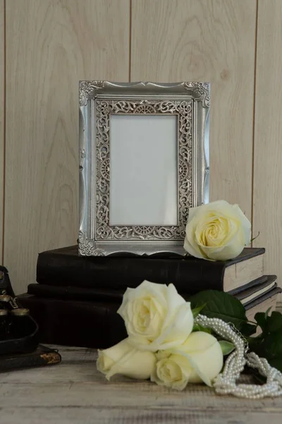 Photo Frame Book Flowers Table Close — Zdjęcie stockowe