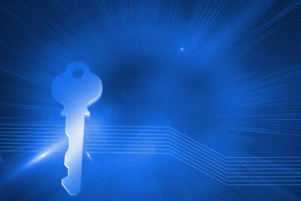 Digitally Generated Glowing Key Left Corner Blue Background — Stockfoto