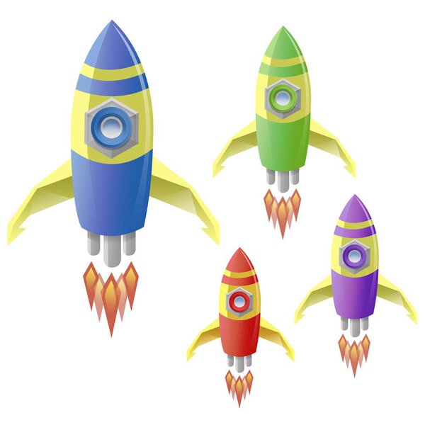 Digitally generated image of colorful rockets flying against white background