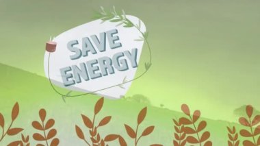 Rüzgar türbininin üzerinde simgeler olan tasarruf enerji metninin animasyonu. Küresel ekoloji ve dijital arayüz kavramı dijital olarak oluşturulmuş video.