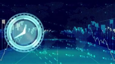 Finansal veri işleme ve dünya haritası üzerinde hareket eden saatin animasyonu. Küresel teknoloji, finans ve dijital arayüz kavramı dijital olarak oluşturulmuş video.