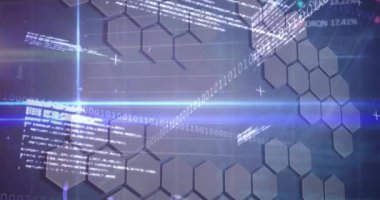 Beyaz arkaplanda altıgenler üzerinde veri işleme animasyonu. Küresel teknoloji, bilgisayar ve dijital arayüz kavramı dijital olarak oluşturulmuş video.