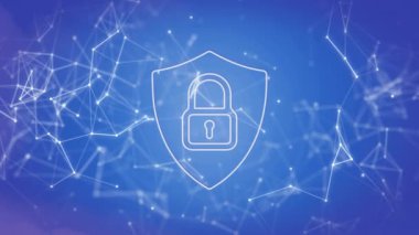 Asma kilit üzerindeki bağlantı ağının animasyonu. Küresel iş ve dijital arayüz kavramı dijital olarak oluşturulmuş video.