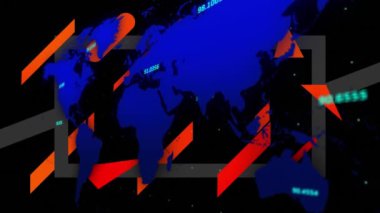 Dünya haritasının ve siyah arka plandaki şekillerin animasyonu. Küresel iş ve dijital arayüz kavramı dijital olarak oluşturulmuş video.