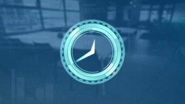 Boş ofis üzerinden hareket eden saat ve finansal veri işleme animasyonu. Küresel teknoloji, bilgisayar ve dijital arayüz kavramı dijital olarak oluşturulmuş video.