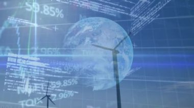 Rüzgâr türbinleri üzerinde finansal veri işleme ve küre animasyonları. Küresel teknoloji, finans ve dijital arayüz kavramı dijital olarak oluşturulmuş video.