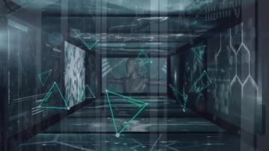 Sunucu odasında hareket eden şekillerin animasyonu. Küresel işletme finansmanı ve dijital arayüz kavramı dijital olarak oluşturulmuş video.
