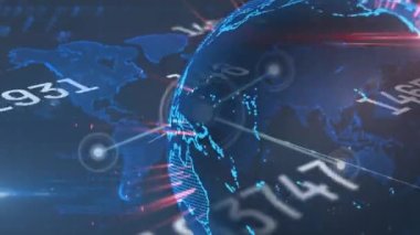 Animation of data processing over world map and globe. Global business and digital interface concept digitally generated video.