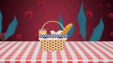 Sepetin üzerinde yiyecek olan gül ikonlarının animasyonu. Sosyal medya ve dijital arayüz konsepti dijital olarak oluşturulmuş video.