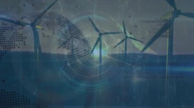 Rüzgar türbinlerinin üzerindeki bağlantı ağının animasyonu. Küresel iş ve dijital arayüz kavramı dijital olarak oluşturulmuş video.