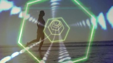 Futbol oyuncusu üzerinde DNA iplikçiklerinin dönmesi ve veri işleme animasyonu. Küresel sağlık ve sağlık hizmetleri kavramı dijital olarak oluşturulmuş video.