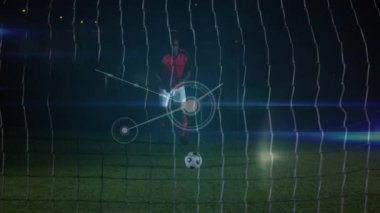 Afrika kökenli Amerikalı erkek futbol oyuncusunun stadyumdaki bağlantılarının animasyonu. Dijital olarak oluşturulmuş küresel bağlantılar, spor ve dijital arayüz kavramı.