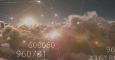 Animation of network of connections and data processing over sky with clouds. Global connections, computing and digital interface concept digitally generated video.