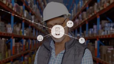 Depodaki beyaz erkek işçilerin ikonlarla olan bağlantılarının animasyonu. Dijital olarak oluşturulmuş küresel bağlantılar, gönderme ve dijital arayüz kavramı.