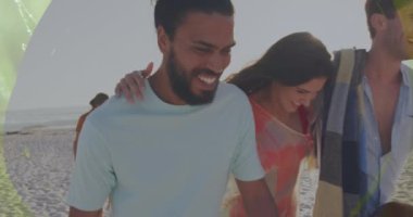 Sahildeki farklı arkadaşlarla ilgili animasyonlar. Tatiller, boş zaman ve dijital arayüz kavramı dijital olarak oluşturulmuş video.