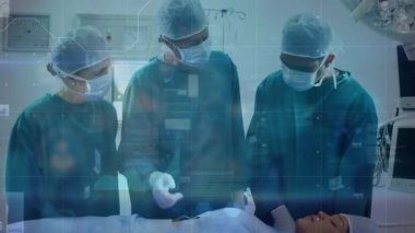 Ameliyat sırasında Kafkas cerrahları üzerinde veri işleme animasyonu. Küresel tıp ve dijital arayüz kavramı dijital olarak oluşturulmuş video.