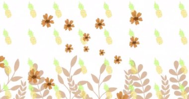 Ananas simgeleri ve yaprakların üzerindeki çiçek simgelerinin animasyonu. Küresel ekoloji, doğa ve dijital arayüz kavramı dijital olarak oluşturulmuş video.